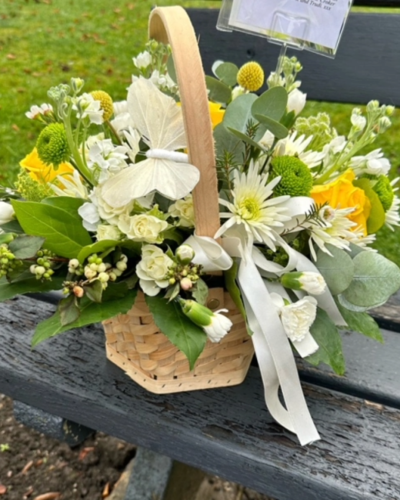 Yellow Dazzle - Fresh seasonal yellow and white flower basket featuring roses, carnations, chrysanthemums and lush foliage, handcrafted by Octagon Flowers and perfect for brightening any occasion.