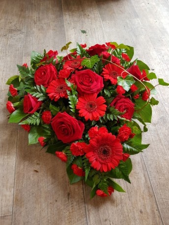 Red rose and carnation gerbera heart tribute